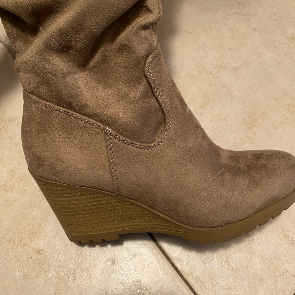 Taupe Faux Suede Slouchy Stacked Wedge Knee High - Picture 11 of 12